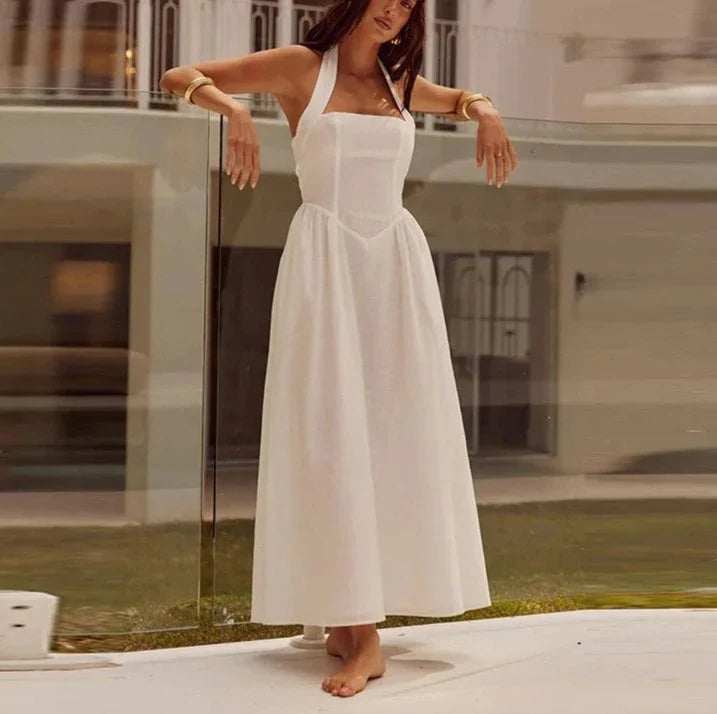 Halter Neck Solid Ankle Length Dress