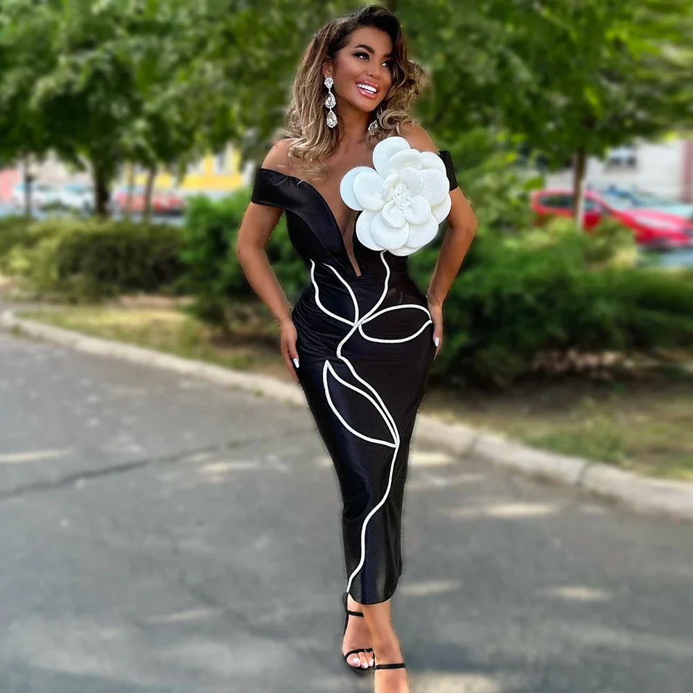 Black 3D Floral Off-Shoulder Maxi Dress