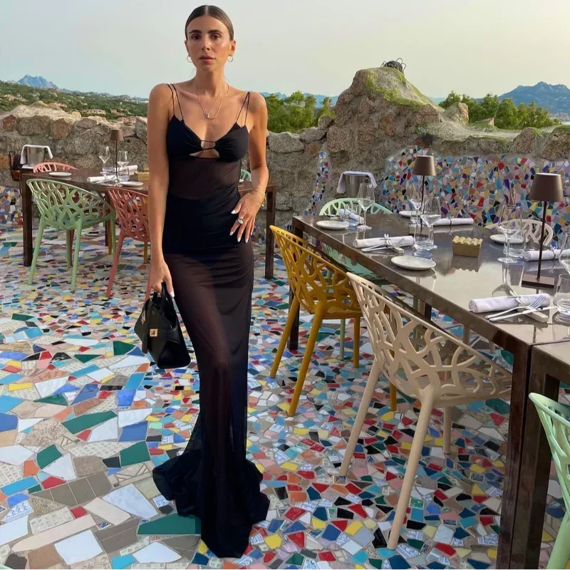 Black Hollow V Neck Sleeveless Long Dress