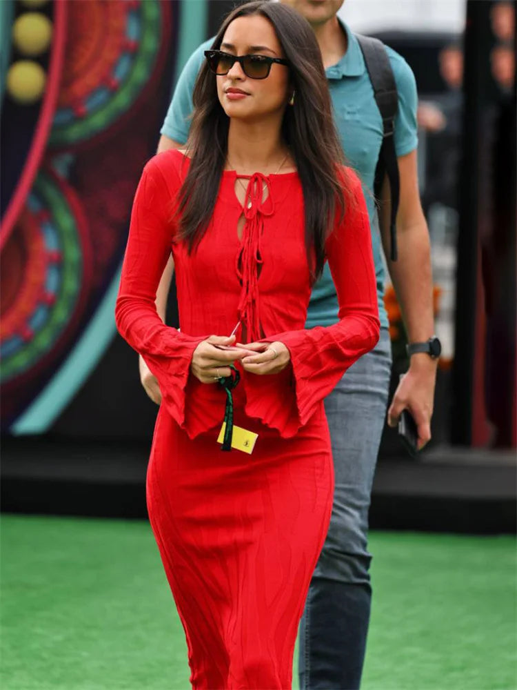 Hollow Lace-Up Solid Red Ankle Length Dress