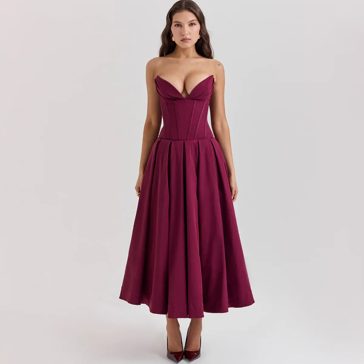 Women's Strapless Burgandy Midi Dress