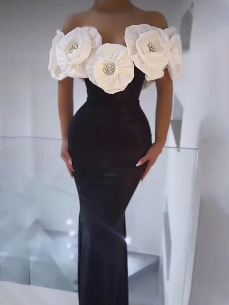 3D Flower Patchwork Open Shoulder Black Long Dress