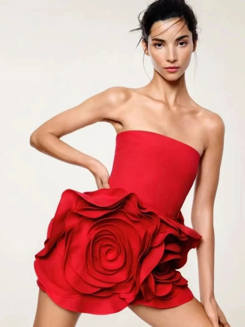 Chic Red Mini Dress with 3D Floral Applique