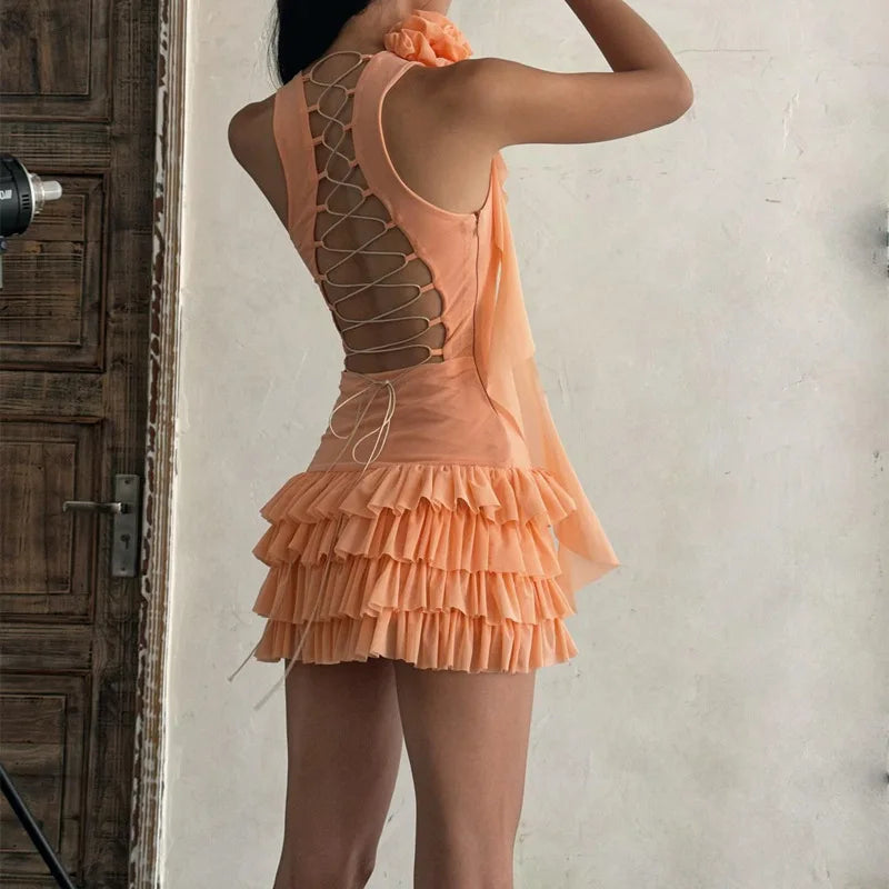 3D Flower Mini Dress | Open Back Halter Dress | Party