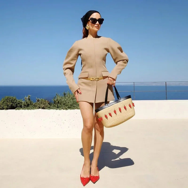 Zipper Puffs O-neck Long Sleeve Blazer Dress