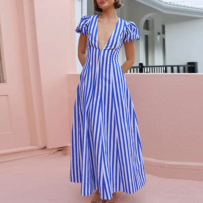 Deep V Swing Dress Casual Puff Sleeves & Stripe Print