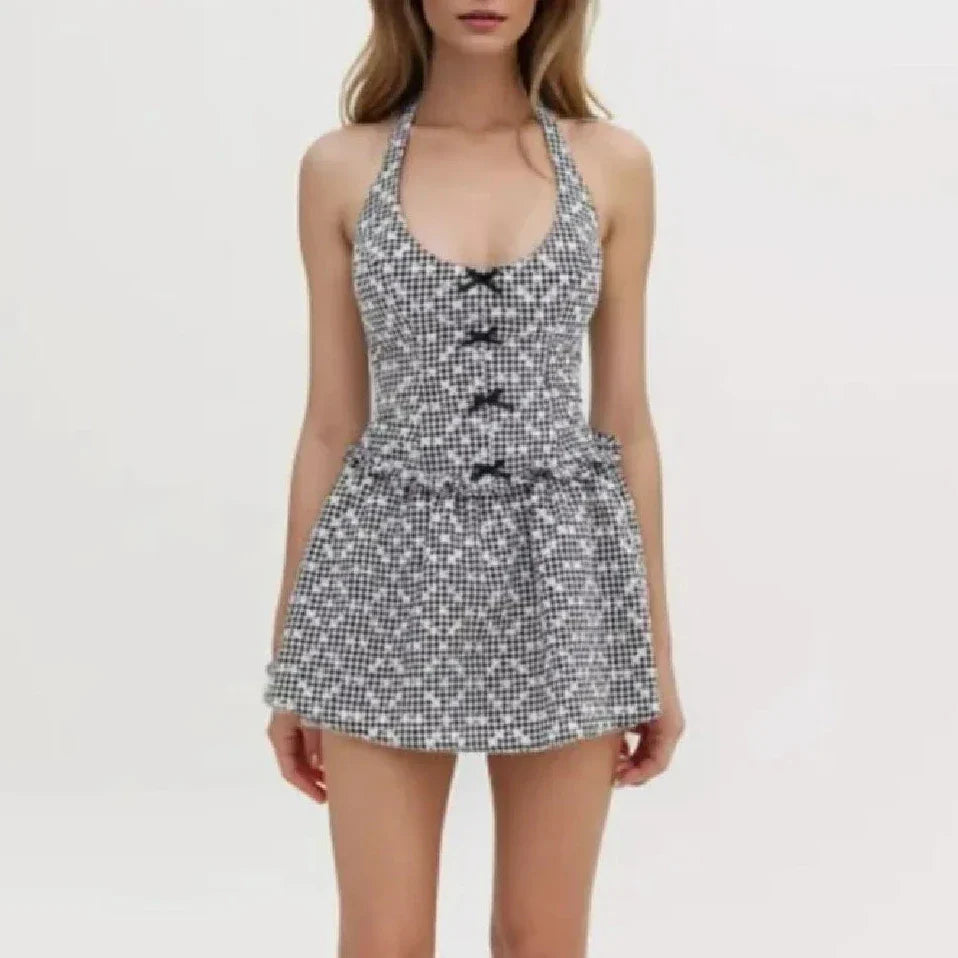 Gray Embroidery White Flower Bow Halter Mini Dress