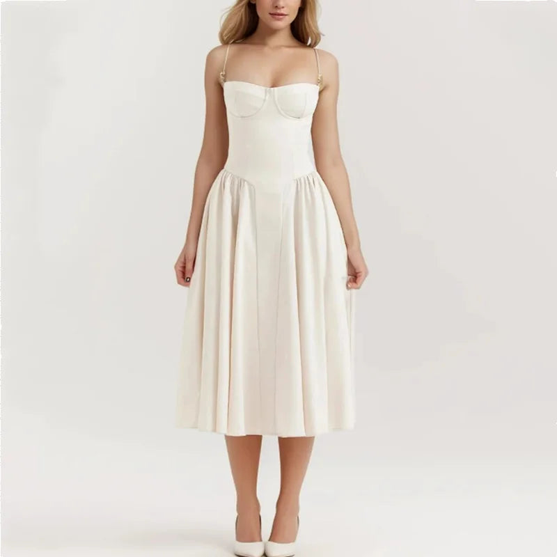 Slash Collar Wire Corset Pleated Midi Dress