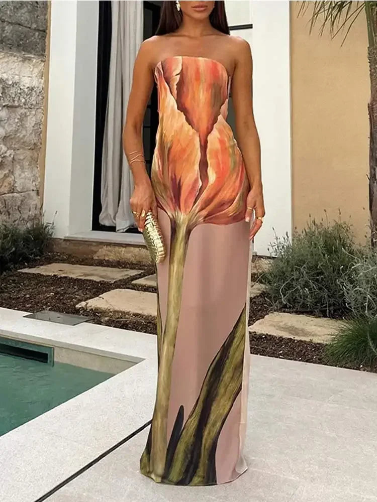 Strapless Printed Open Back Long Dress