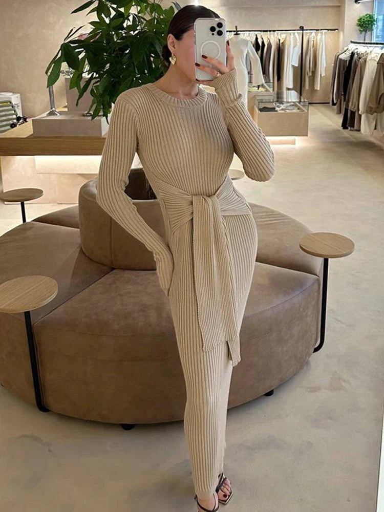 Solid Long Sleeve Lace Up Knit Long Dress