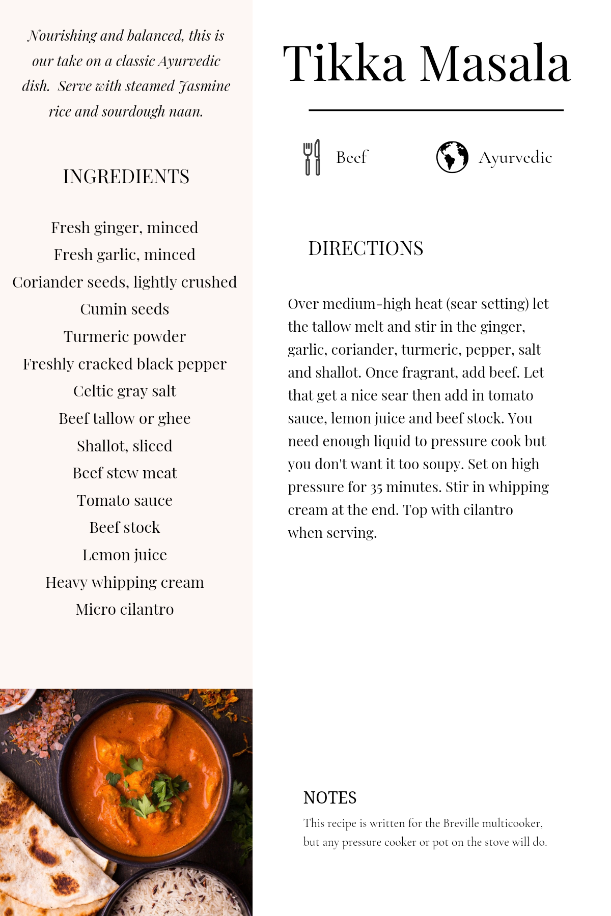 beef tikka masala recipe card