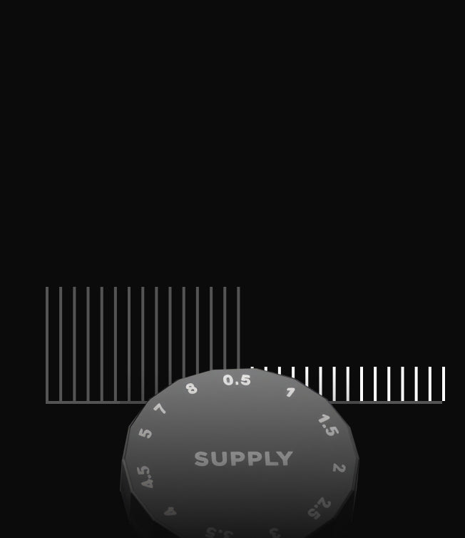 Stylized black circular gauge with the word 'SUPPLY' and scale markings on a dark background.