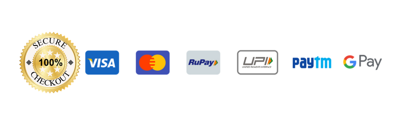 100% Secure Checkout with Payment options like Visa, Mastercard, UPI, Rupay, Net Banking and others