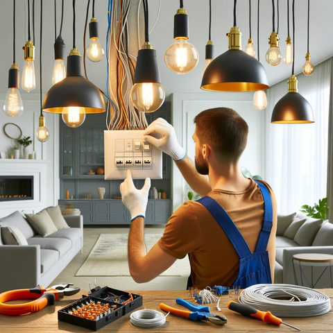Un électricien installe plusieurs lampes reliées à un interrupteur dans un salon moderne, en montrant le processus de câblage et les outils utilisés.
