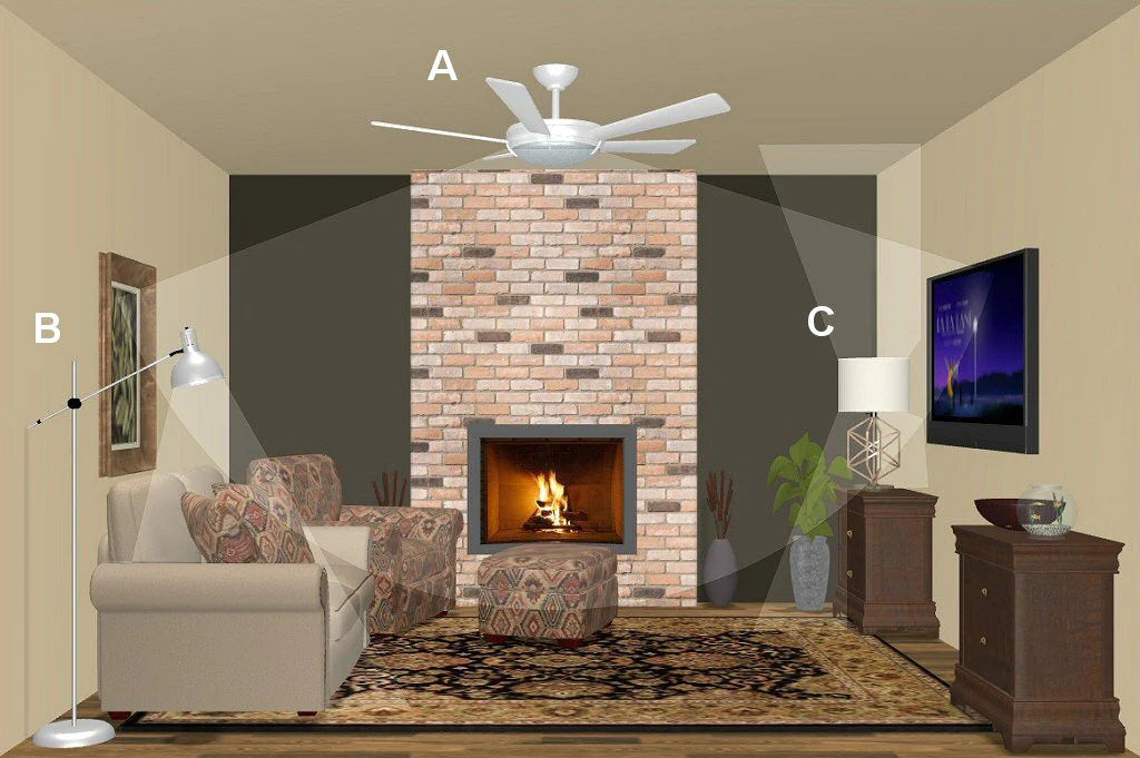 Un ensemble lumineux et rafraîchissant pour votre salon Agencement lumineux : Un ventilateur de plafond avec éclairage, accompagné d'une lampe de lecture et d'une lampe de table. designix.fr