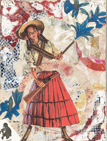 mixed media artwork of a woman dressed as a cowgirl with gun and red white and blue floral background