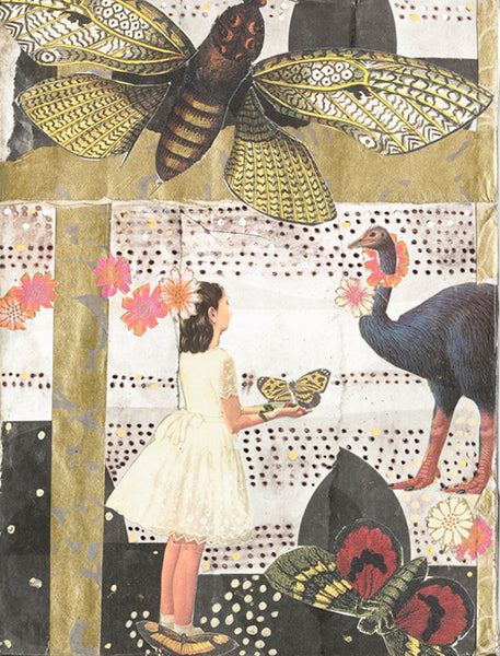 Mixed media of a young girl with white dress and butterfly in her hands, also images of larger insects and an ostrich