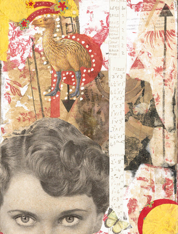 mixed media with a woman's head in the corner, a red yellow and white floral background and image of a prehistoric bird