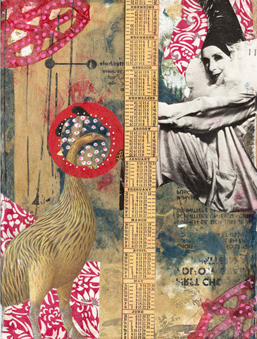 mixed media with a woman in the background, a long strip of a of an old fashioned calendar down the middle and a pre-historic bird with red and white accents