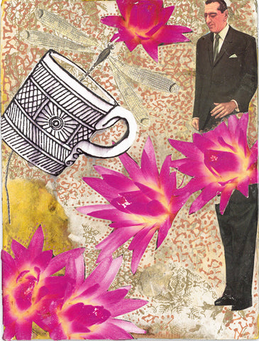 mixed media with a man wearing a suit, a graphic coffee mug and bright pink flowers scattered across the panel