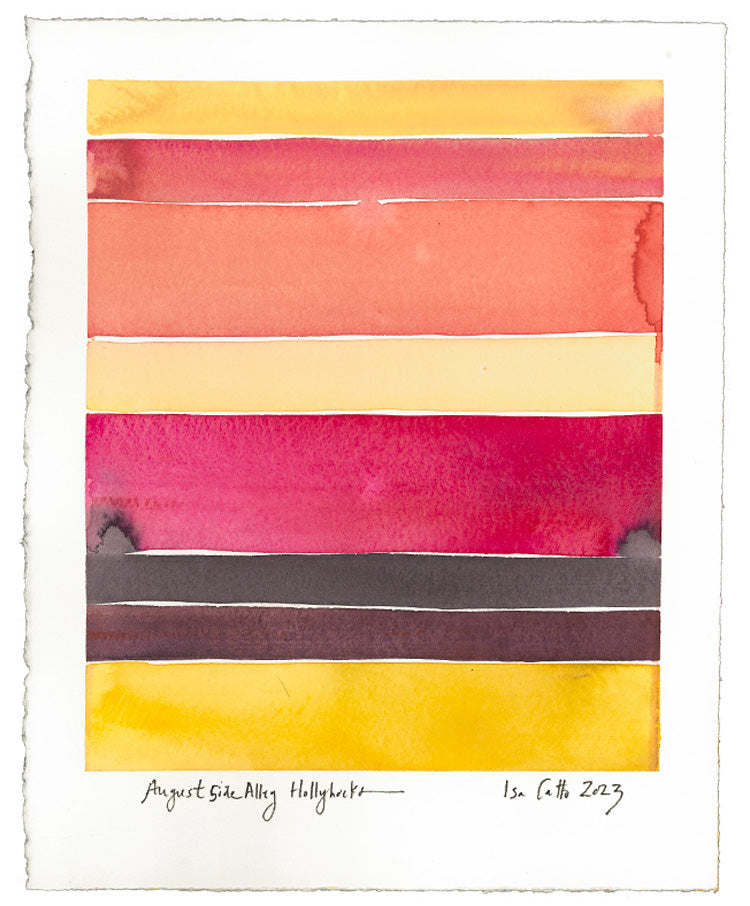 colorful striped watercolor painting with warm pink, yellow and brown