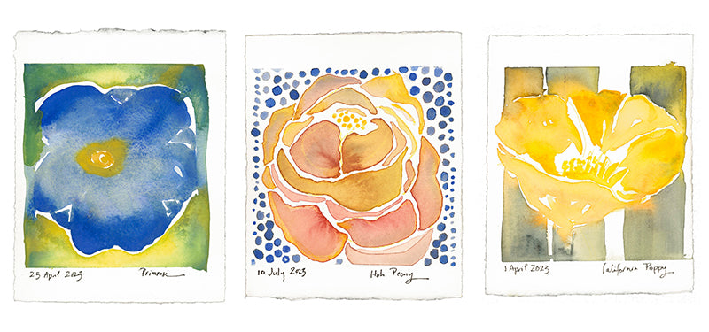 Flat lay of three color studies with colorful abstracted shaped floral motifs