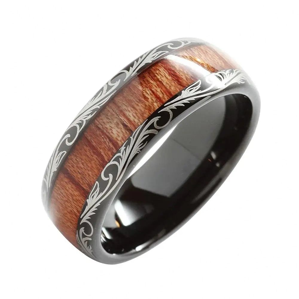 Another view of the Black Leaf Motif Koa Wood Tungsten Ring