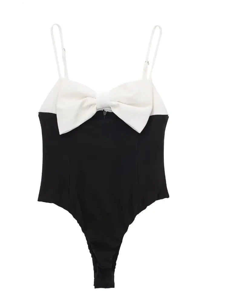 Sexy Bow Design White And Black Playsuits