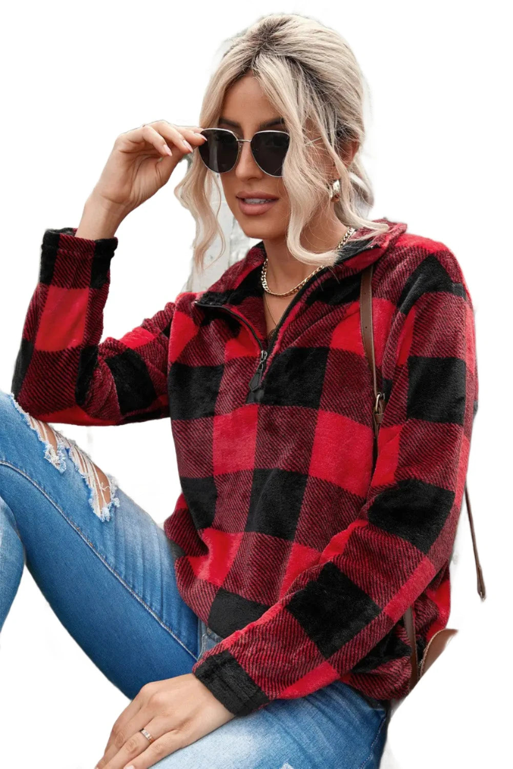 Plaid Print 1/4 Collar Sweatshirt