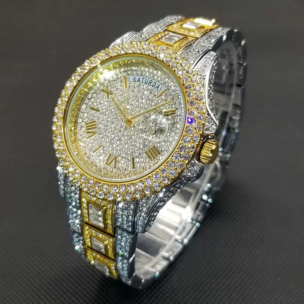 MISSFOX Iced Out Watch For Men Luxury Gold Full Diamond Mens