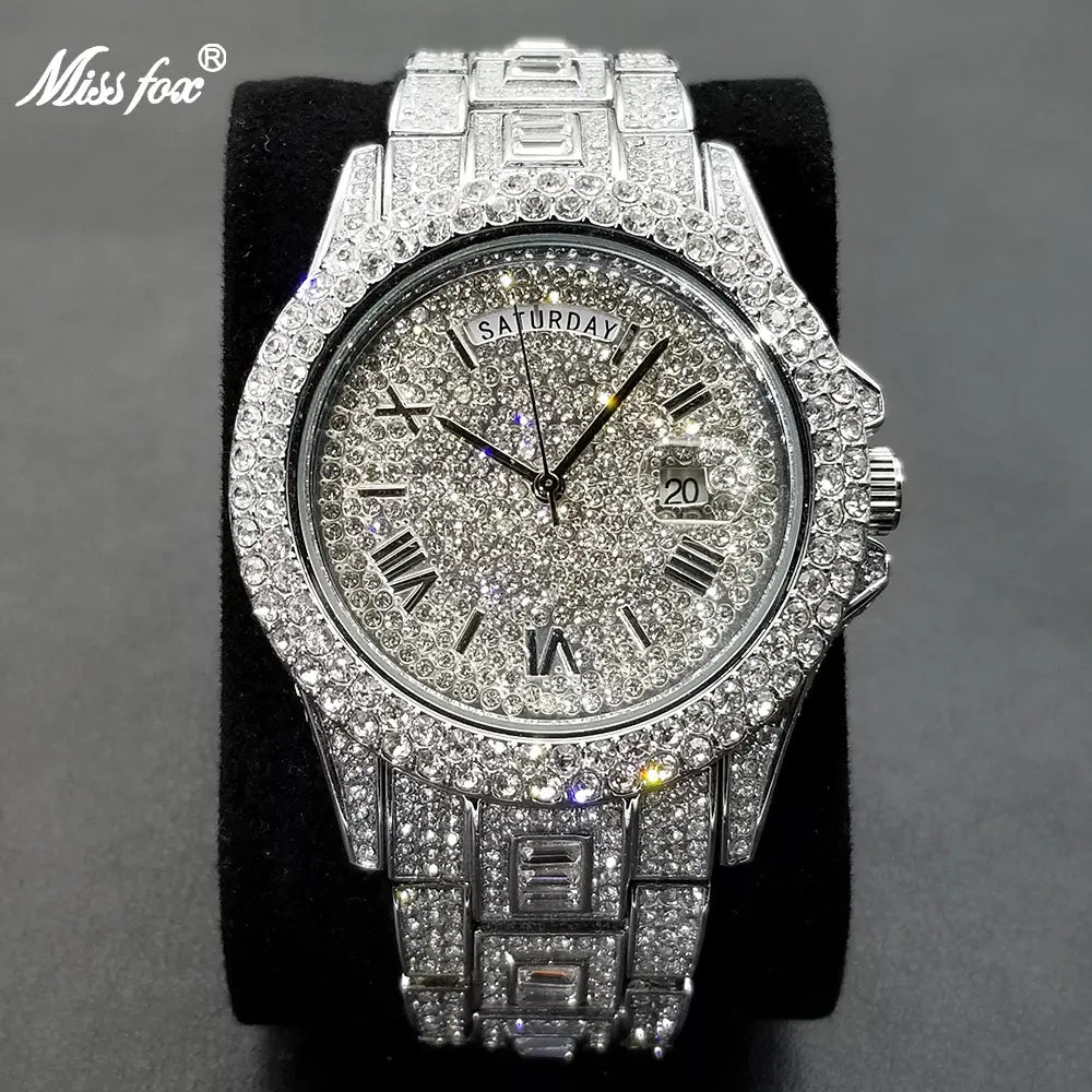 MISSFOX Iced Out Watch For Men Luxury Gold Full Diamond Mens