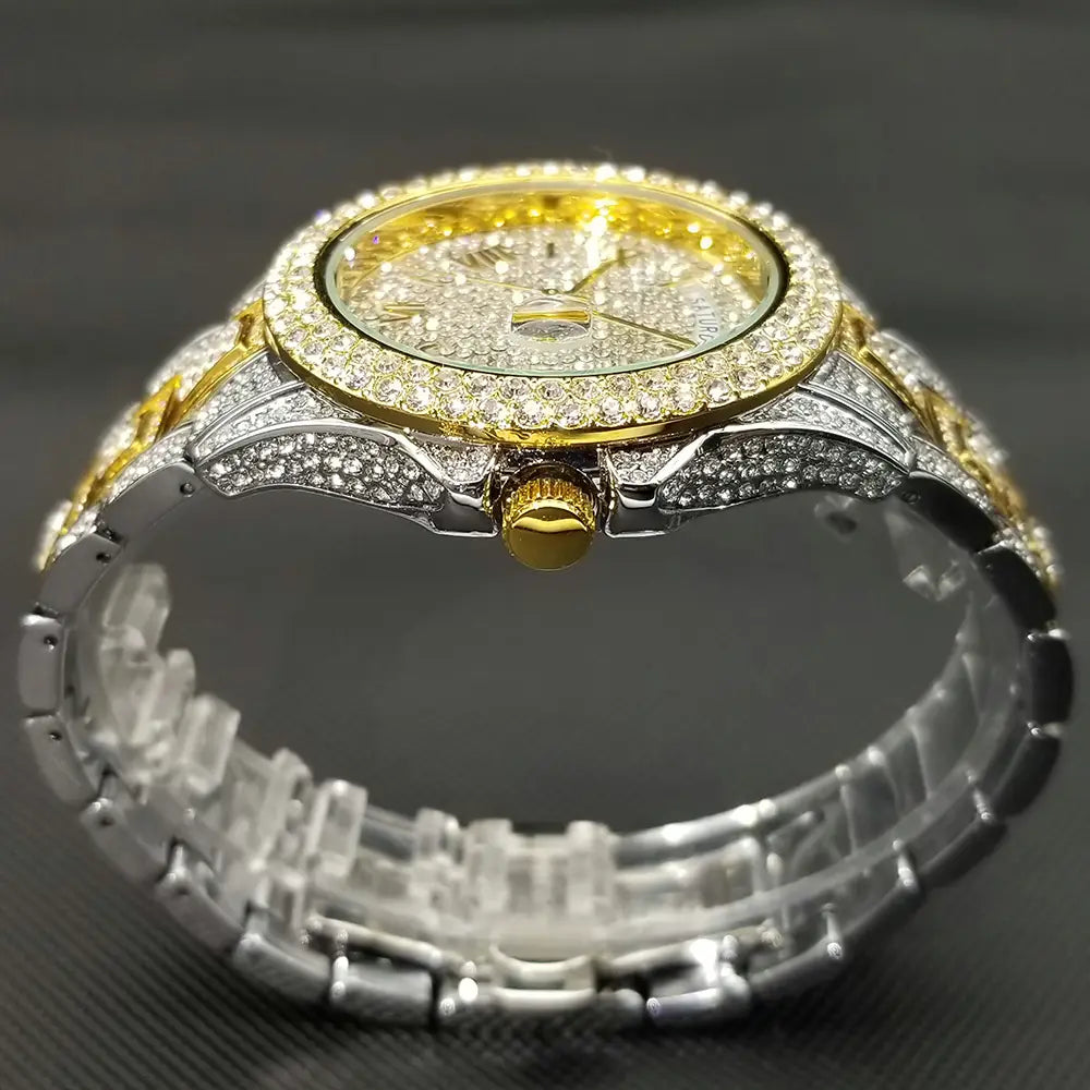 MISSFOX Iced Out Watch For Men Luxury Gold Full Diamond Mens