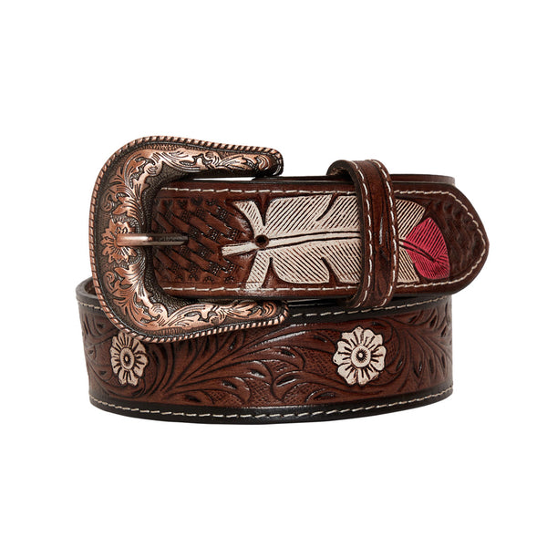 Myra Bag Checkered Brown Hand-Tooled Leather Belt S-4059, Medium