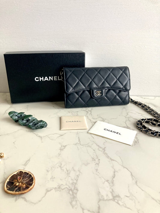 CHANEL Camellia Silver CC Long Wallet (with Add-on Chain) – LA