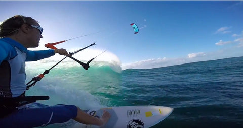 Dmitry Evseev kitesurfing in Mauritius with the Pro Standard Grill Mount GoPro mouth mount.