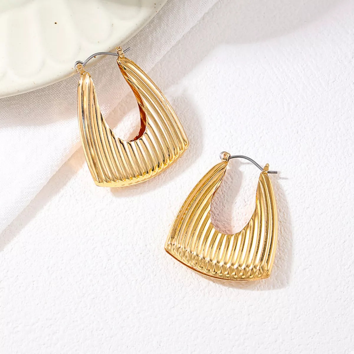 18K Gold-Plated Alloy Ribbed Triangular Hoop Earrings