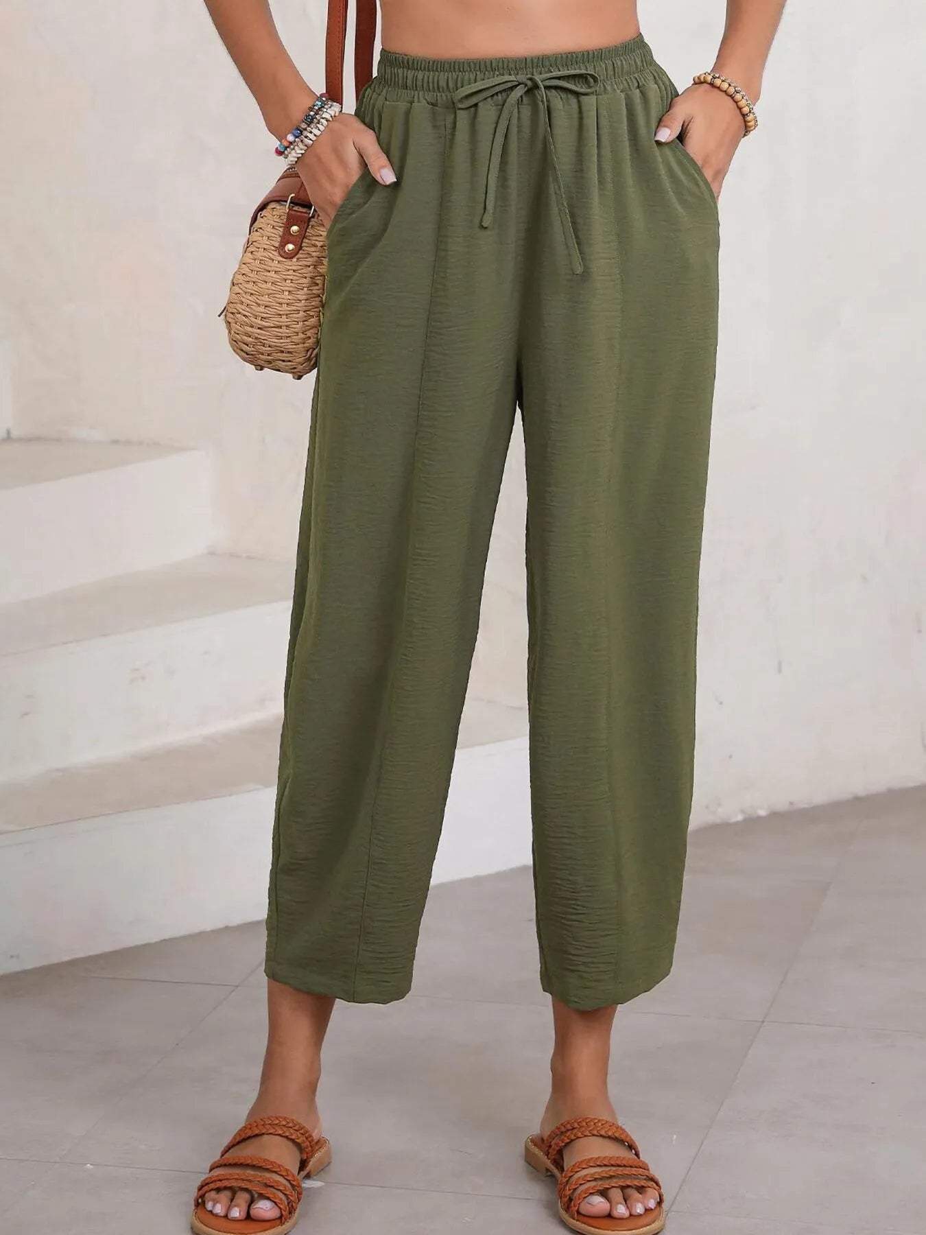 Full Size Drawstring Wide Leg Cropped Pants Plus Size