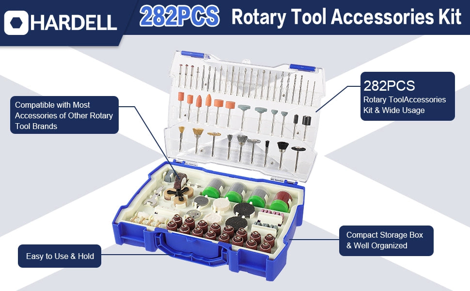 HARDELL Rotary Tool Accessories Kit 282 Pcs, Power Rotary Tool Bits 1/8''(3.2mm) Diameter Shanks Universal Fitment for Easy Cutting, SA