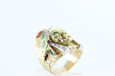 Native American Indian Head Mens Ring The Chief 18k Gold Enamel