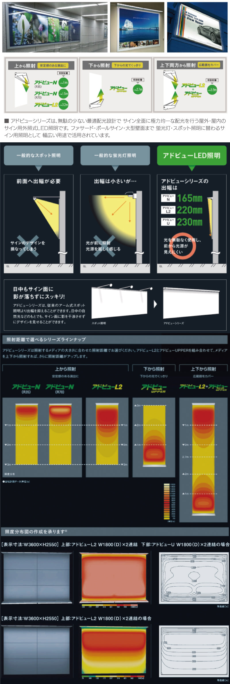 アドビューシリーズは、無駄の少ない最適配光設計で サイン全面に極力均一な配光を行う屋外･屋内のサイン用外照式LED照明です。 ファサード･ポールサイン･大型壁面まで 蛍光灯･スポット照明に替わるサイン用照明として 幅広い用途で活用されています。