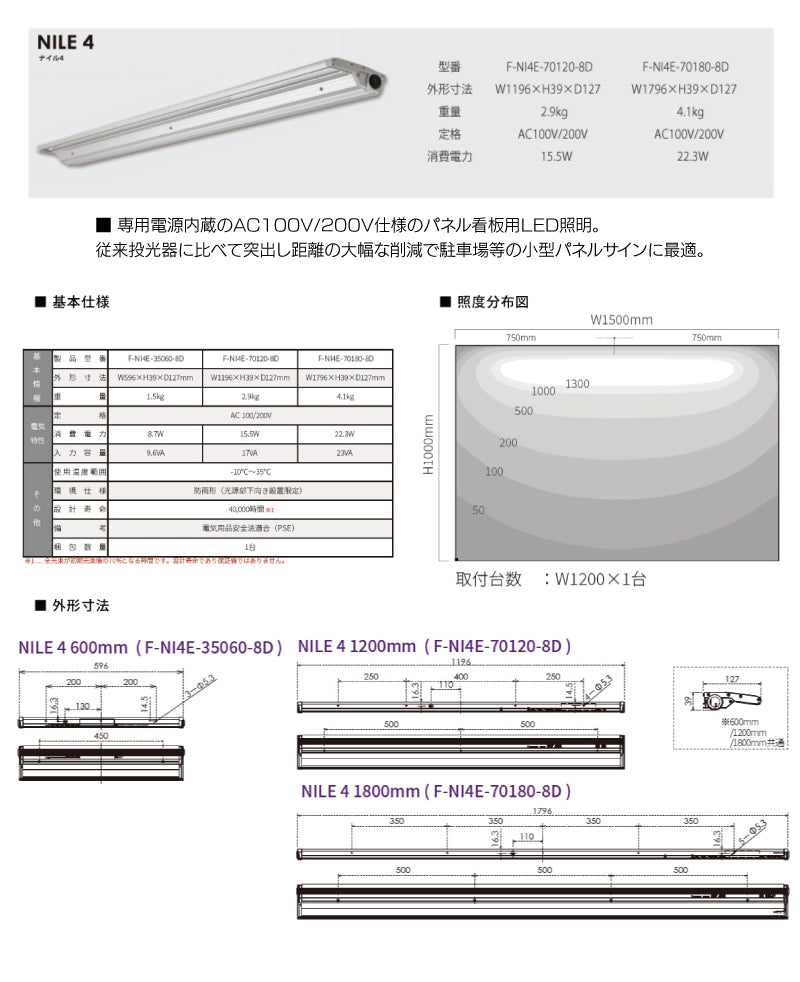 ■ 専用電源内蔵のAC100V/200V仕様のパネル看板用LED照明。 従来投光器に比べて突出し距離の大幅な削減で駐車場等の小型パネルサインに最適。