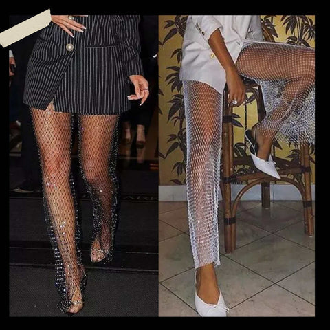 models wearing crystal mesh pants