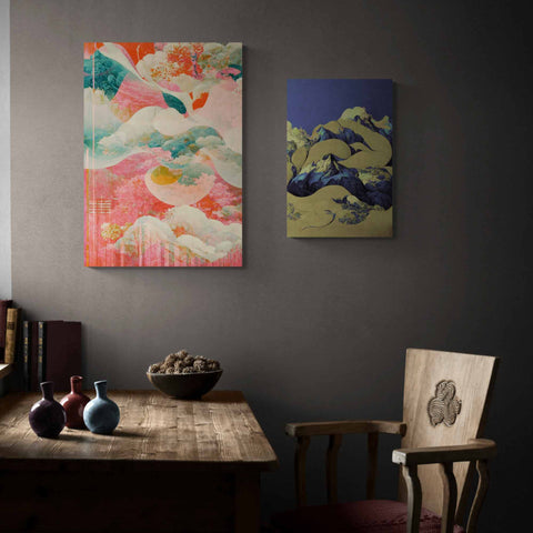 Modern Japanese inspired art prints in pinks and blue and golf on canvas