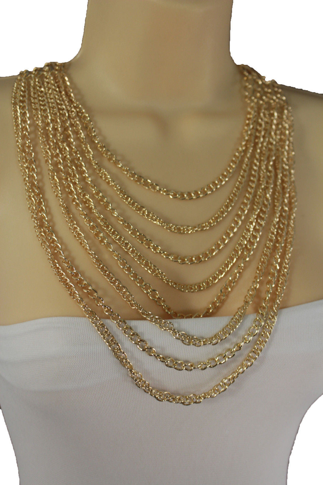 Gold Metal Chains Links 8 Strands Long Necklace New Women Fashion Jewe ...
