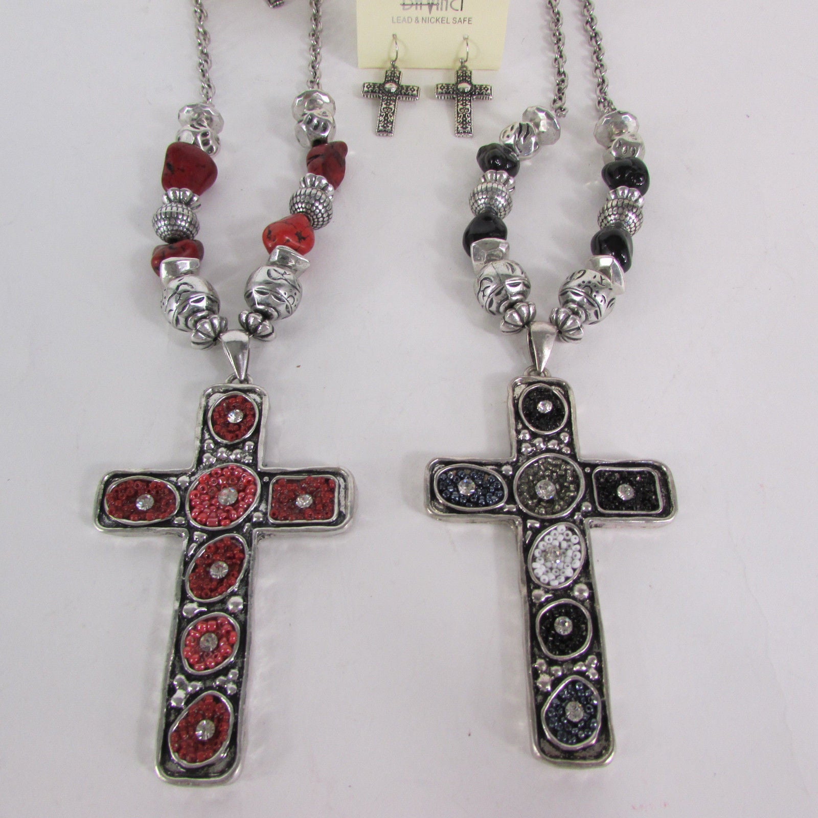 Silver Metal Chain Big Large Black Or Red Cross Necklace Earrings Set ...