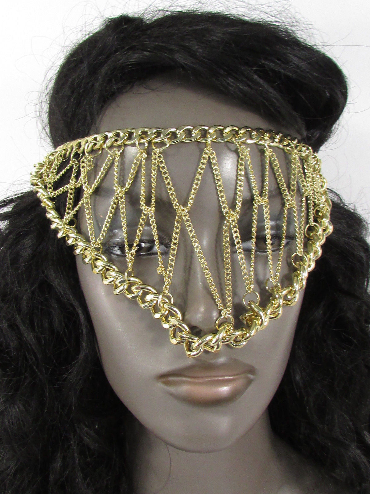 Gold Metal Head Chain Eye Cover Half Face Elastic Mask Thick Halloween ...