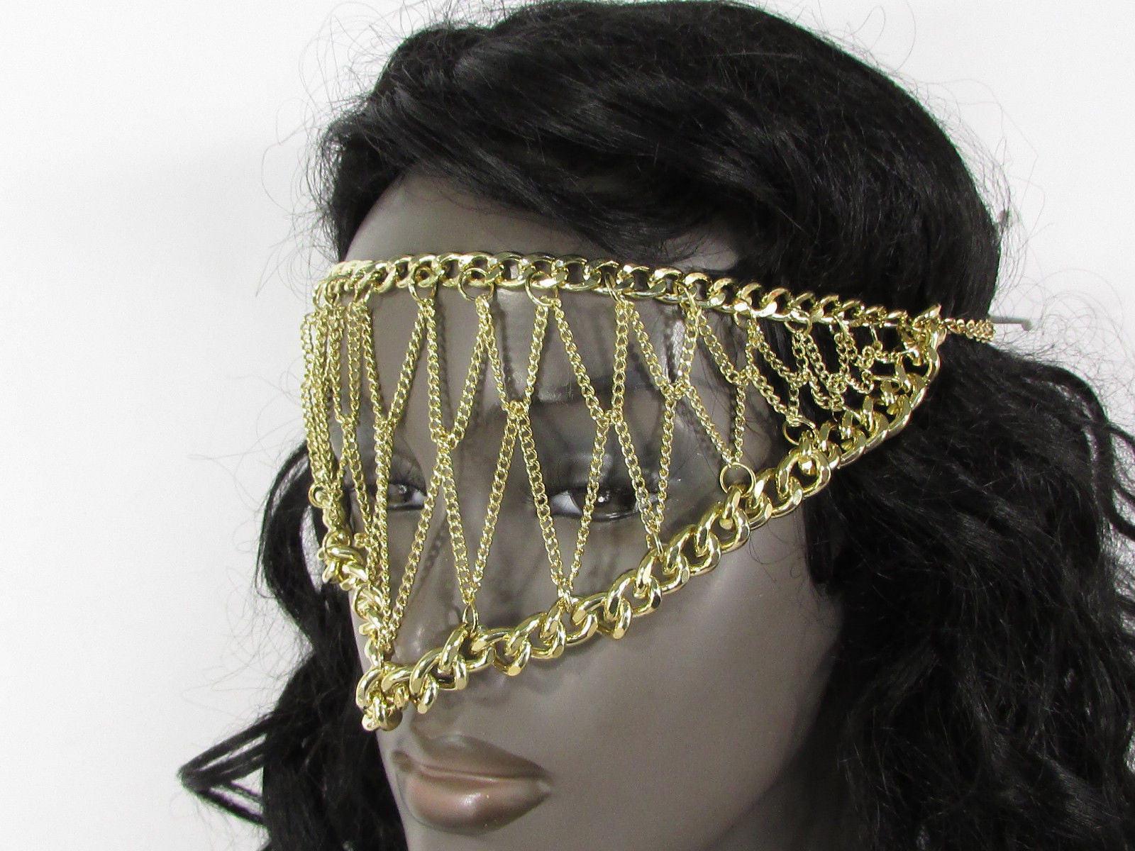 Gold Metal Head Chain Eye Cover Half Face Elastic Mask Thick Halloween ...