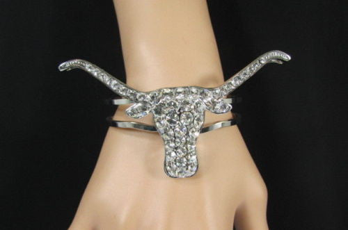 Silver Metal Cuff Bracelet Big Bull Horns Multi Rhinestones New Women Fashion Jewelry Accessories - alwaystyle4you - 5