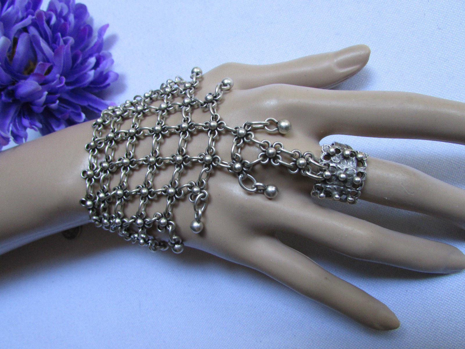 Silver Metal Hand Chains Bracelet Slave Ring Multi Small Balls Mini Fl ...