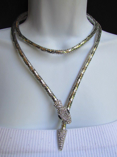 Silver Metal Extra Long Thin Necklace / Bracelet Snake Rhinestones New ...